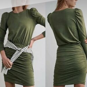 Anthropologie Sundry Shirred Green Long Sleeve Dress